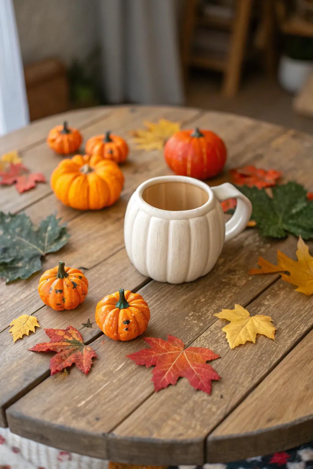 Pumpkin-shaped ceramic cup perfect for fall.