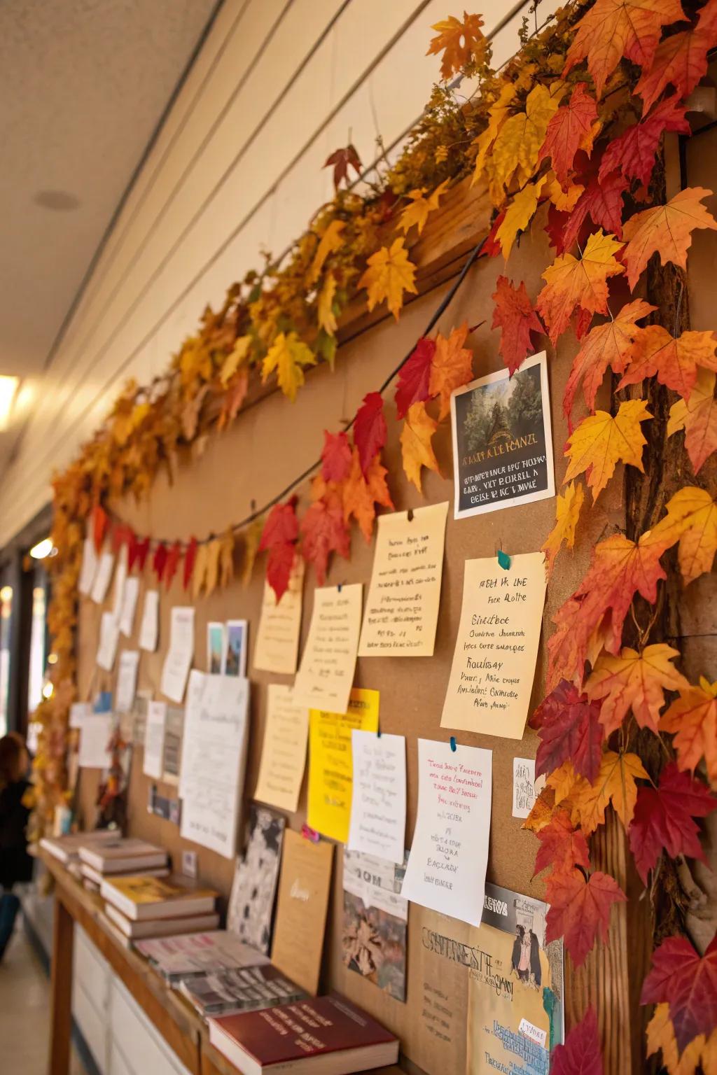 An array of colorful leaves and book titles on a fall-themed bulletin board.