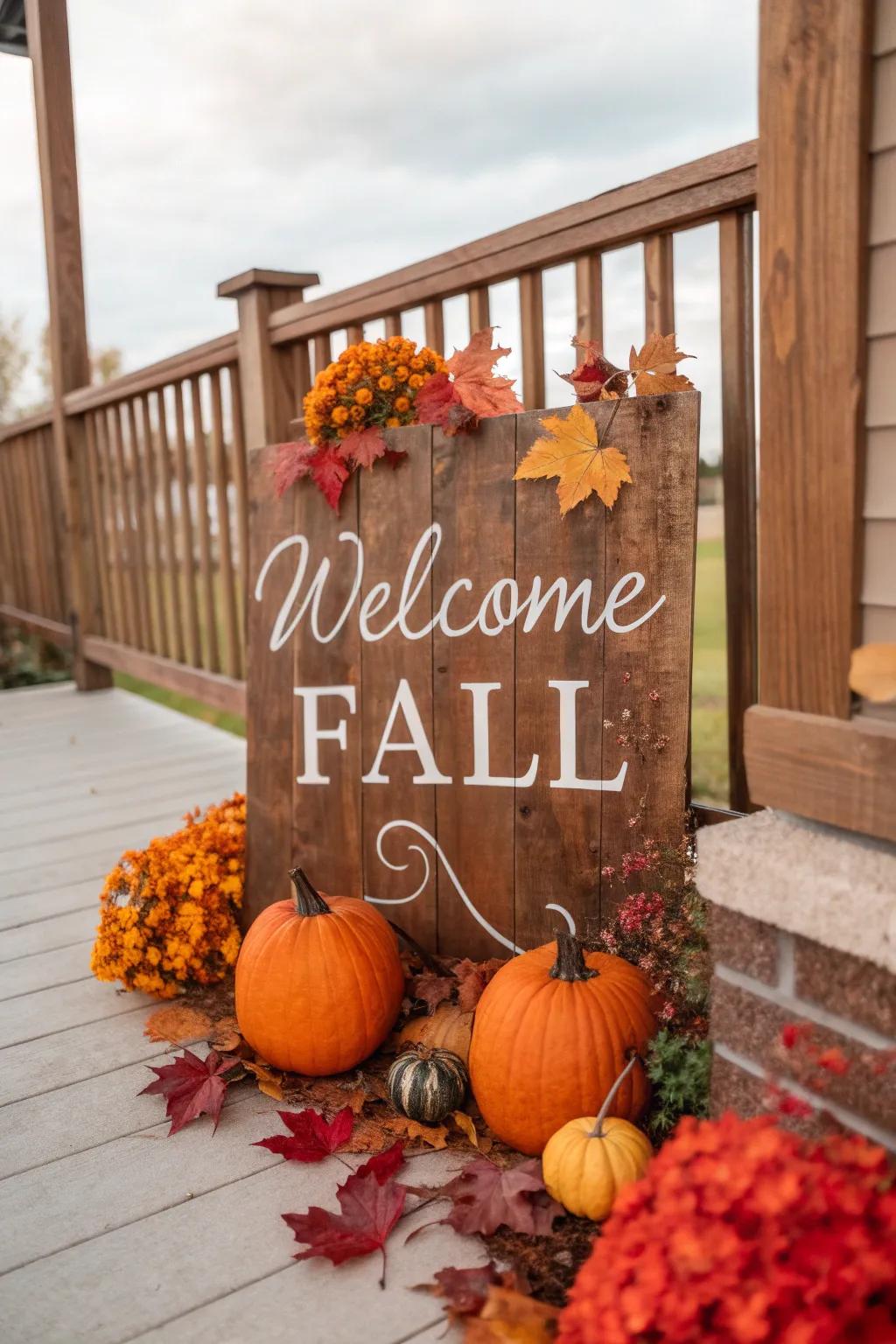 A rustic sign that beautifully greets the fall season.