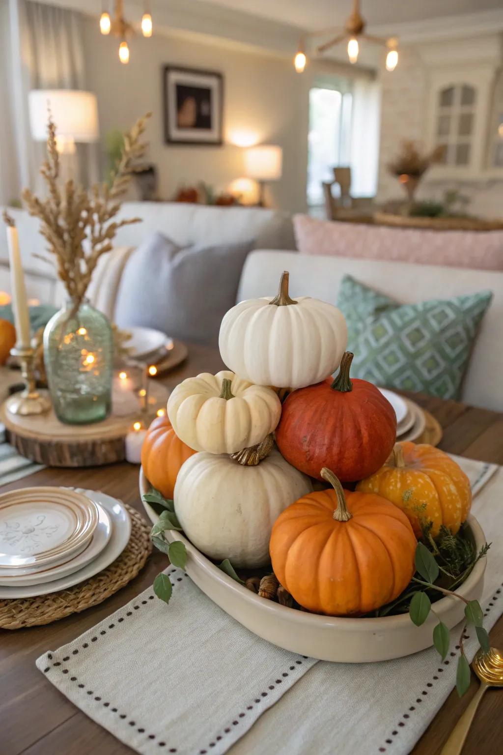 Use pumpkins of all sizes to create a delightful fall centerpiece.