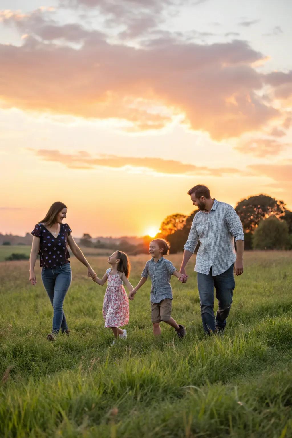 The enchanting glow of golden hour adds a magical touch to family photos.