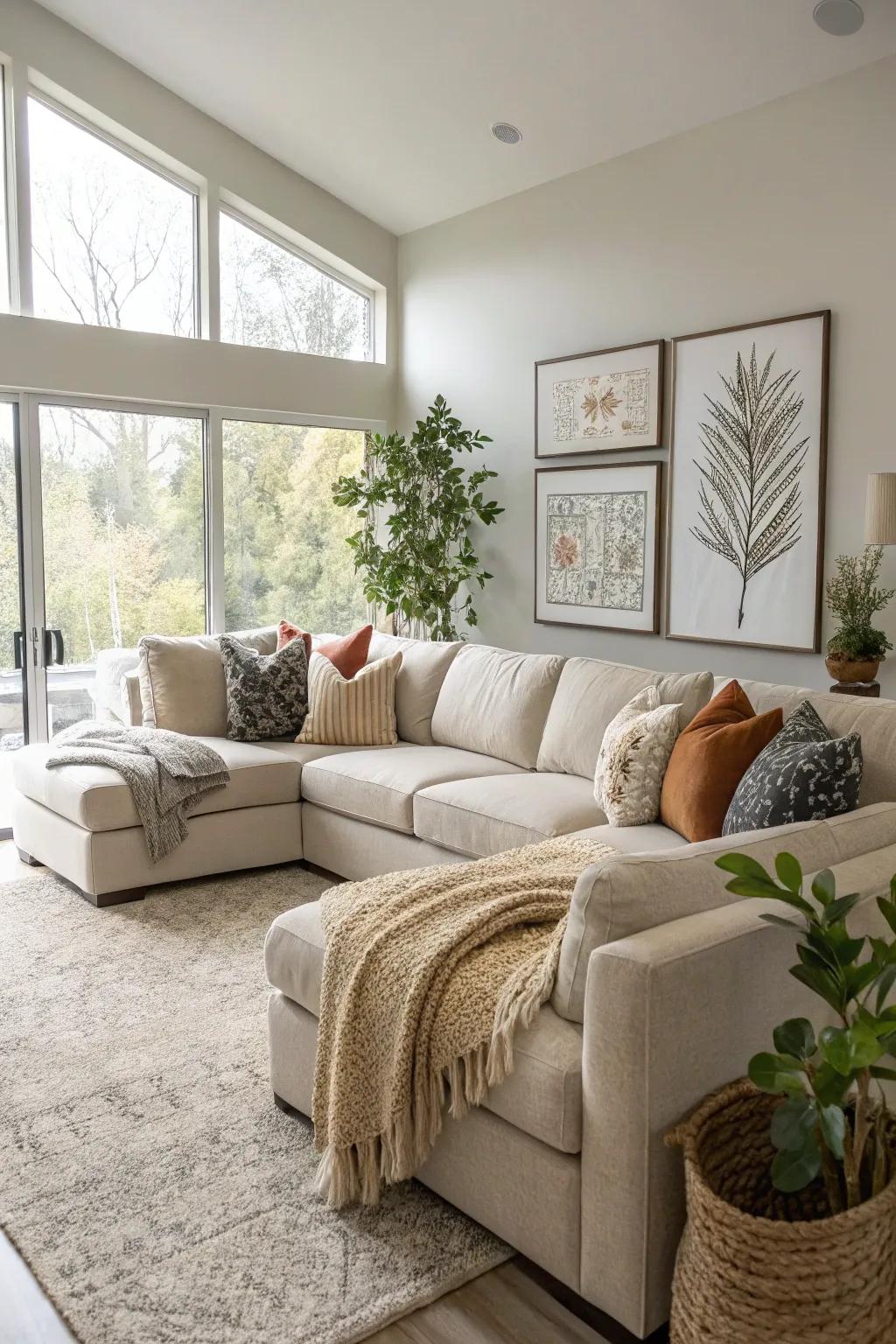 A spacious family room centered around a cozy sectional sofa.