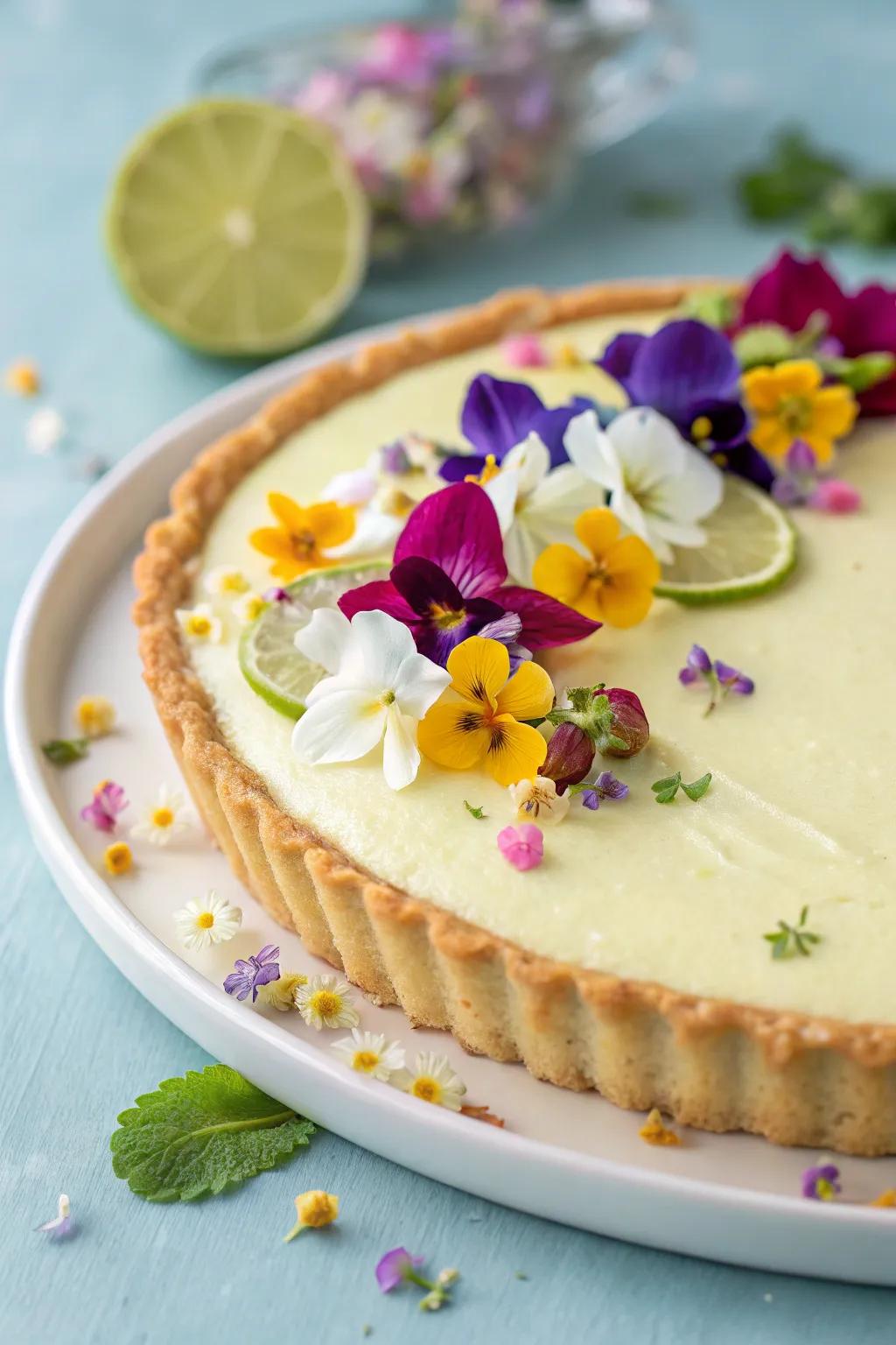 Edible flowers bringing charm and elegance to a key lime pie.