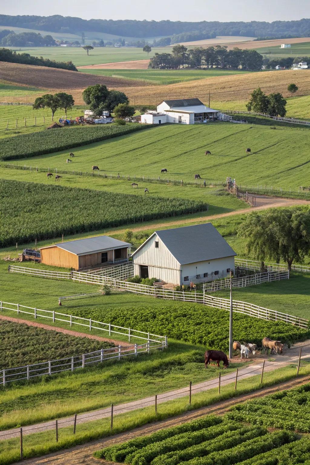 A farm with beautifully defined zones for crops, animals, and living spaces.