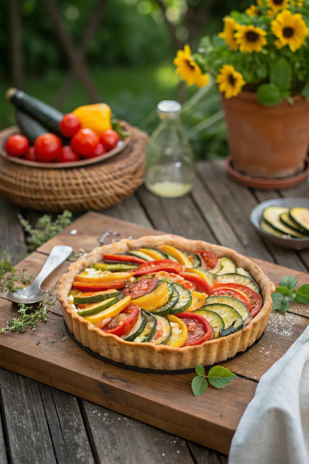 A summer vegetable tart showcasing the vibrant colors of the season.