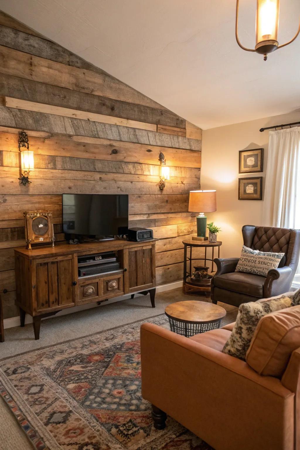 Reclaimed wood panels add a rustic touch to any room.