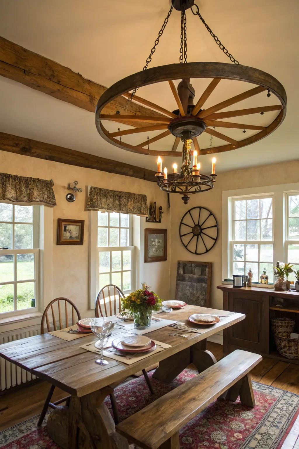 Wagon wheel chandeliers offer a captivating focal point in any farmhouse dining room.