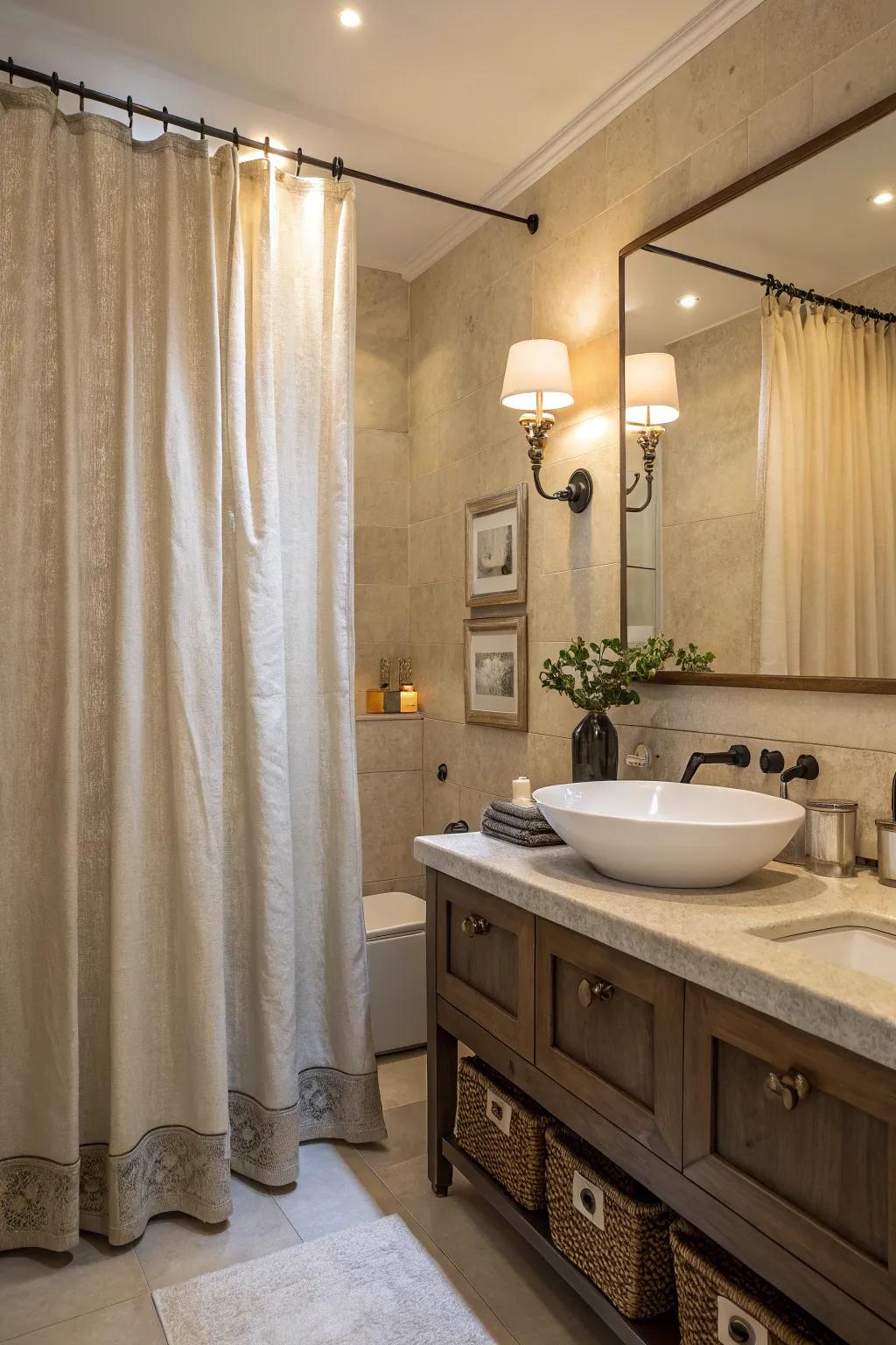 An elegant bathroom showcasing a natural linen shower curtain with soft lighting.