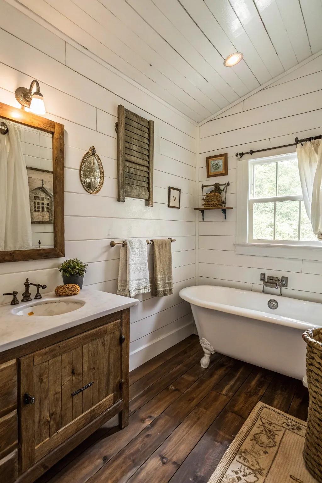 White shiplap walls bring a crisp farmhouse charm to this small bathroom.