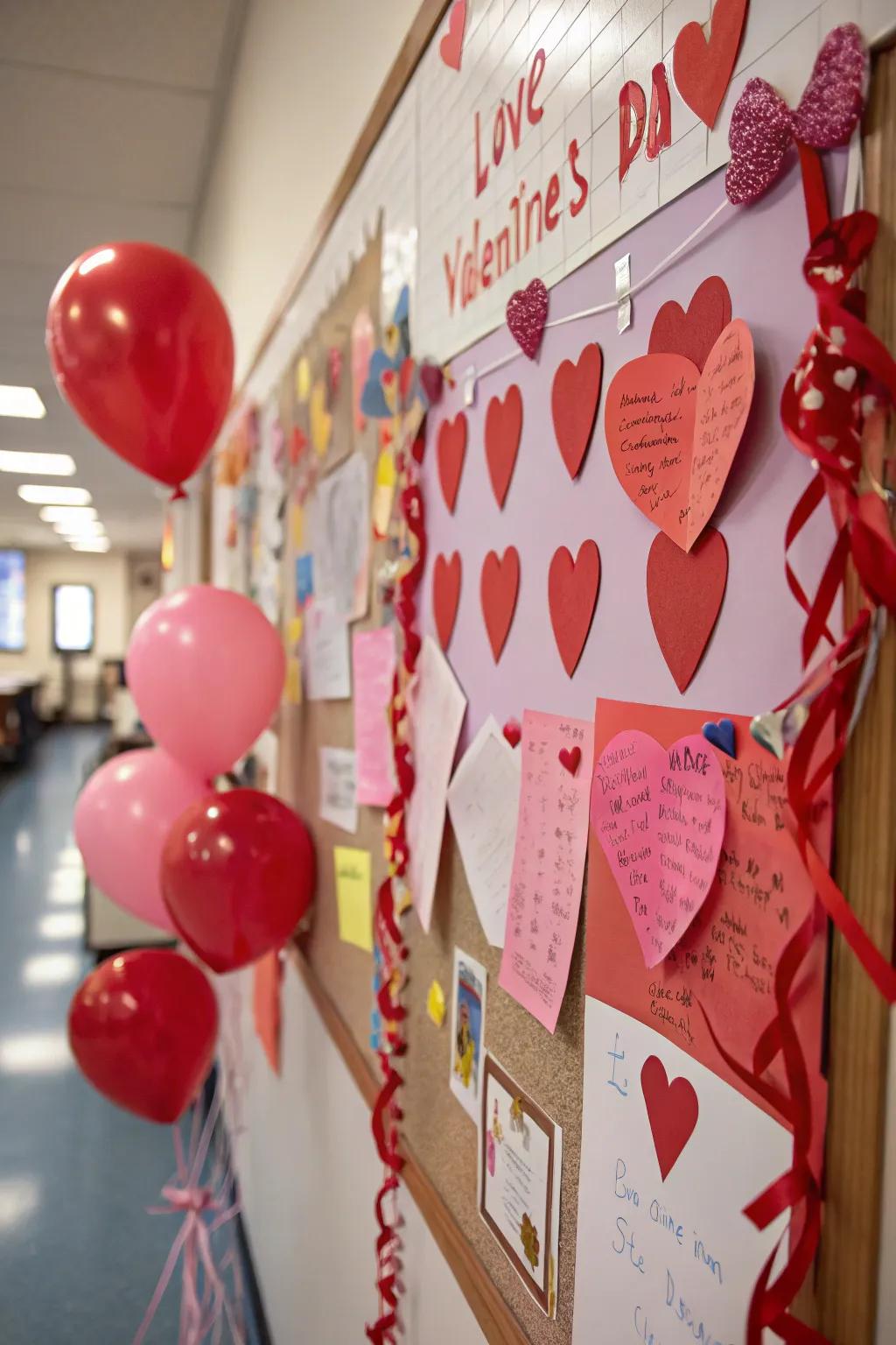 A Valentine-themed bulletin board filled with hearts and love notes.