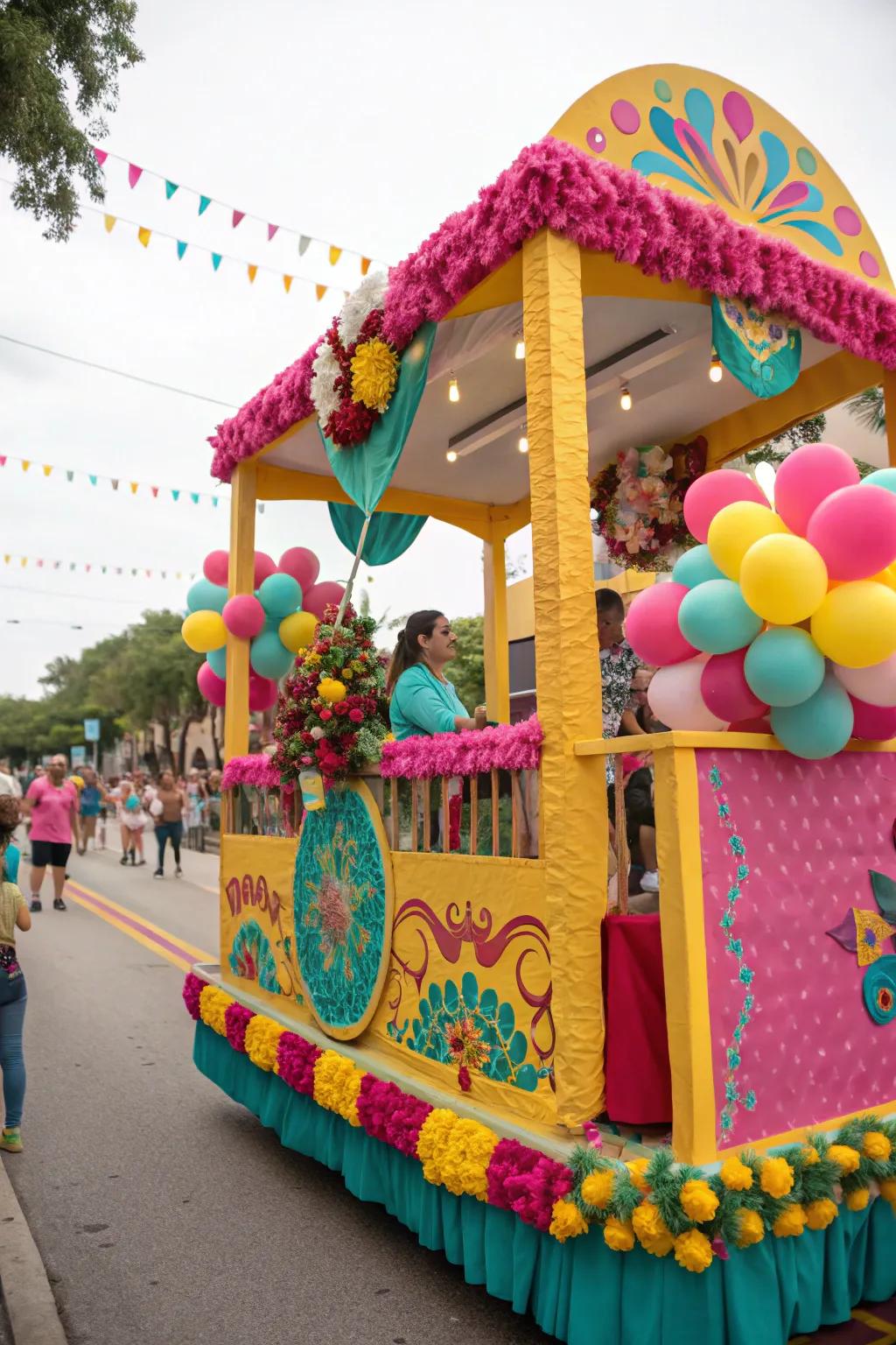 A fiesta float bursting with bold and bright colors.