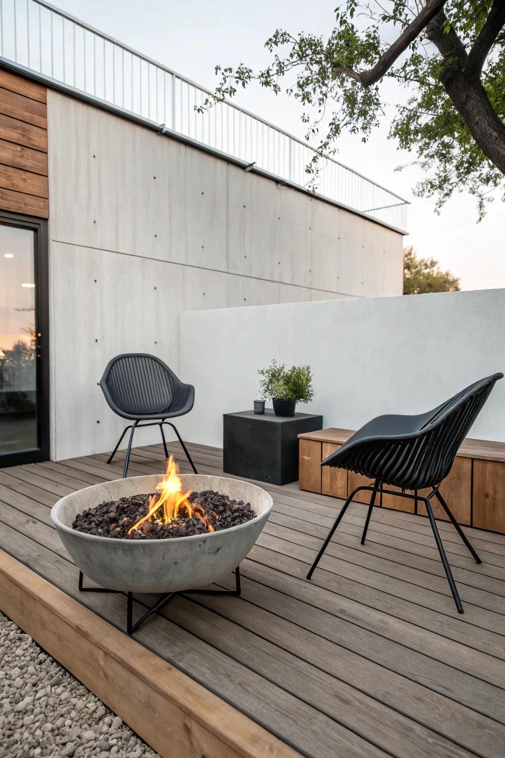 Modern minimalist fire pit area with sleek outdoor furniture.