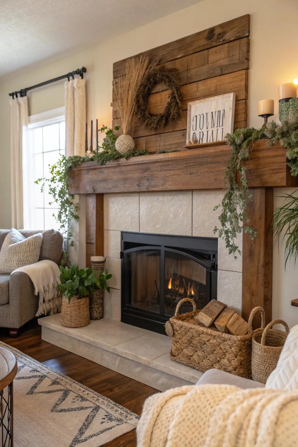 A rustic wood mantel bringing natural warmth to the living room.