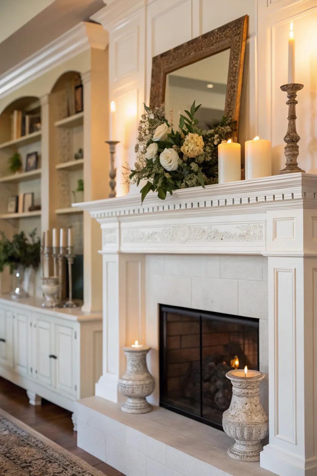 A fireplace adorned with classic white millwork, creating a timeless and elegant look.