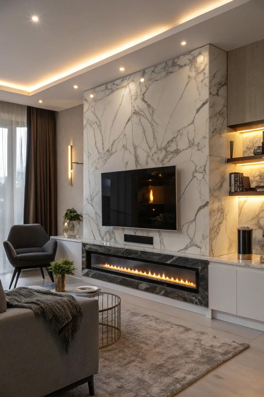 A modern living room featuring a marble fireplace wall with an integrated TV.