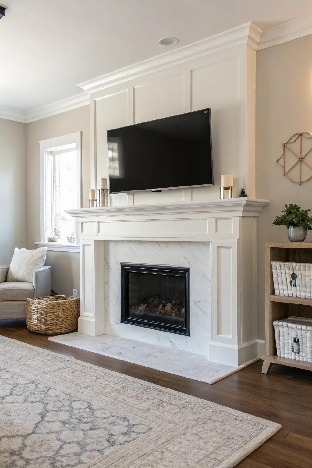 A minimalist living room featuring a white fireplace and TV arrangement.