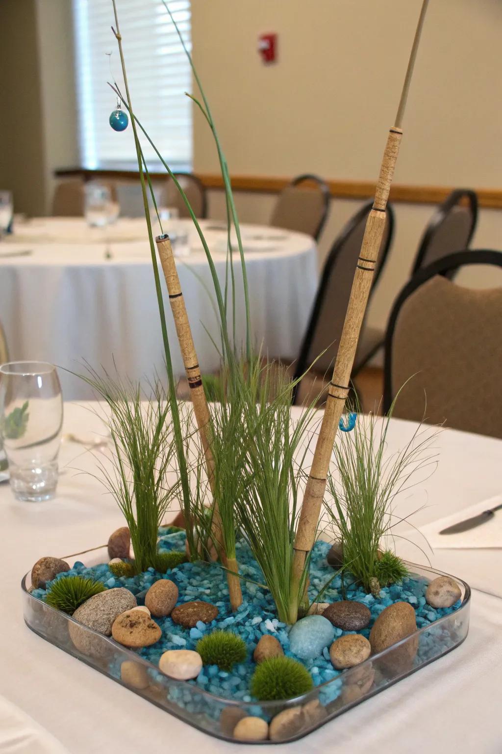 Whimsical miniature fishing rods make for a charming centerpiece addition.