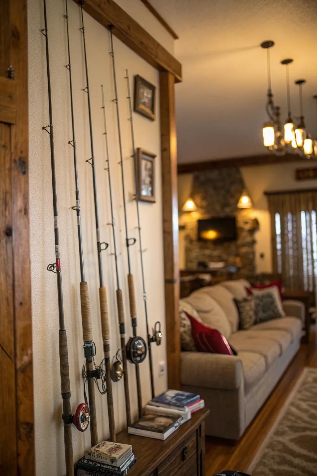 Vintage fishing rods turn a simple wall into a captivating feature.