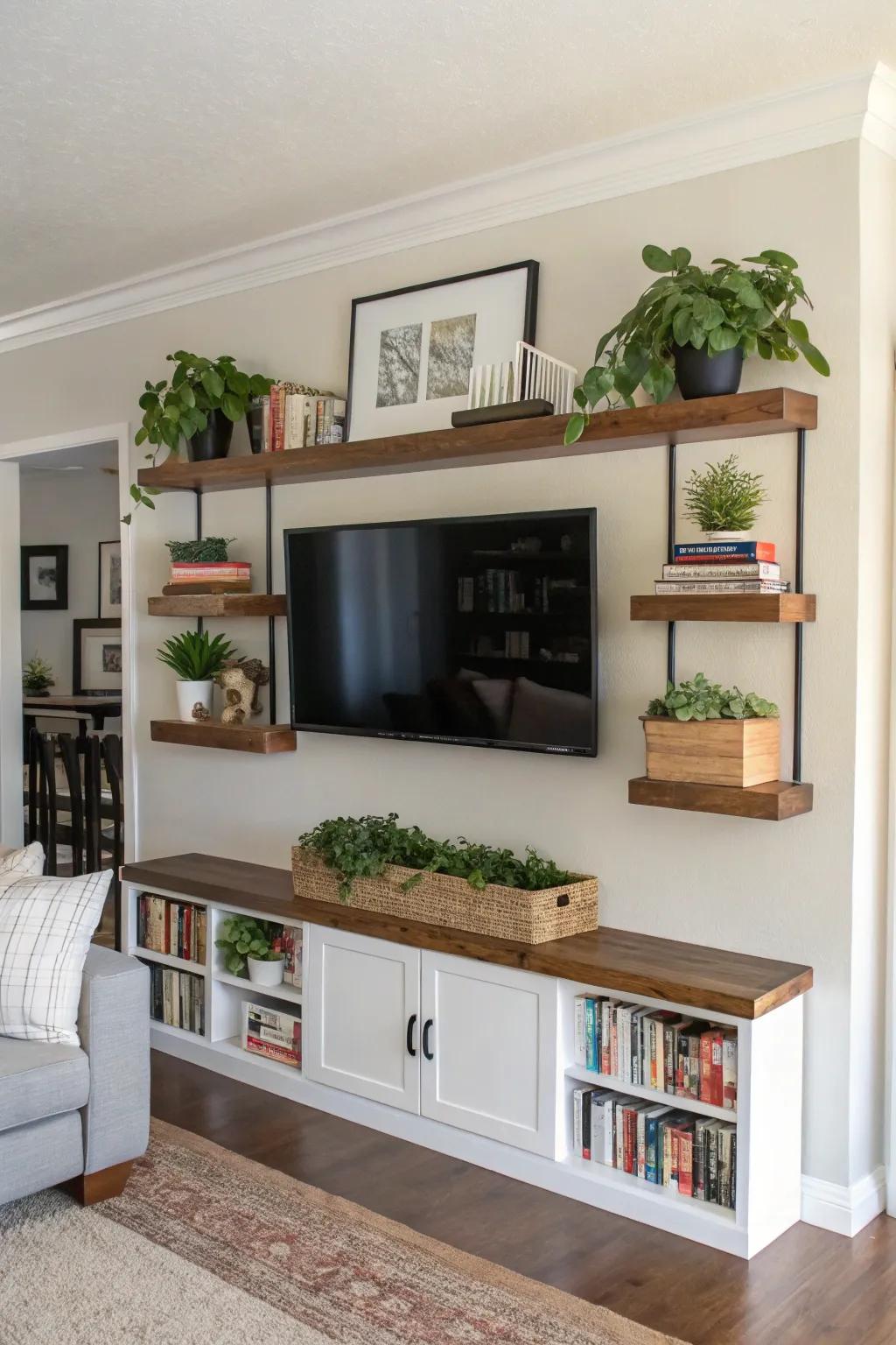 Achieve balance with symmetrical floating shelves flanking your TV.