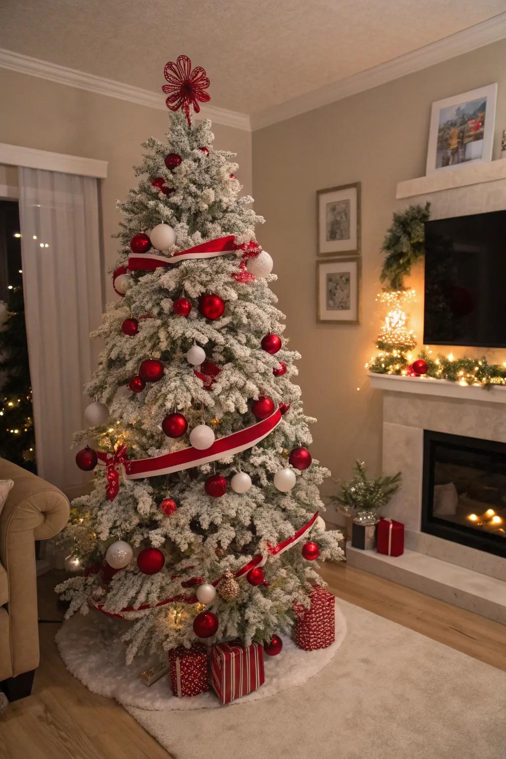 A classic red and white adorned flocked Christmas tree.