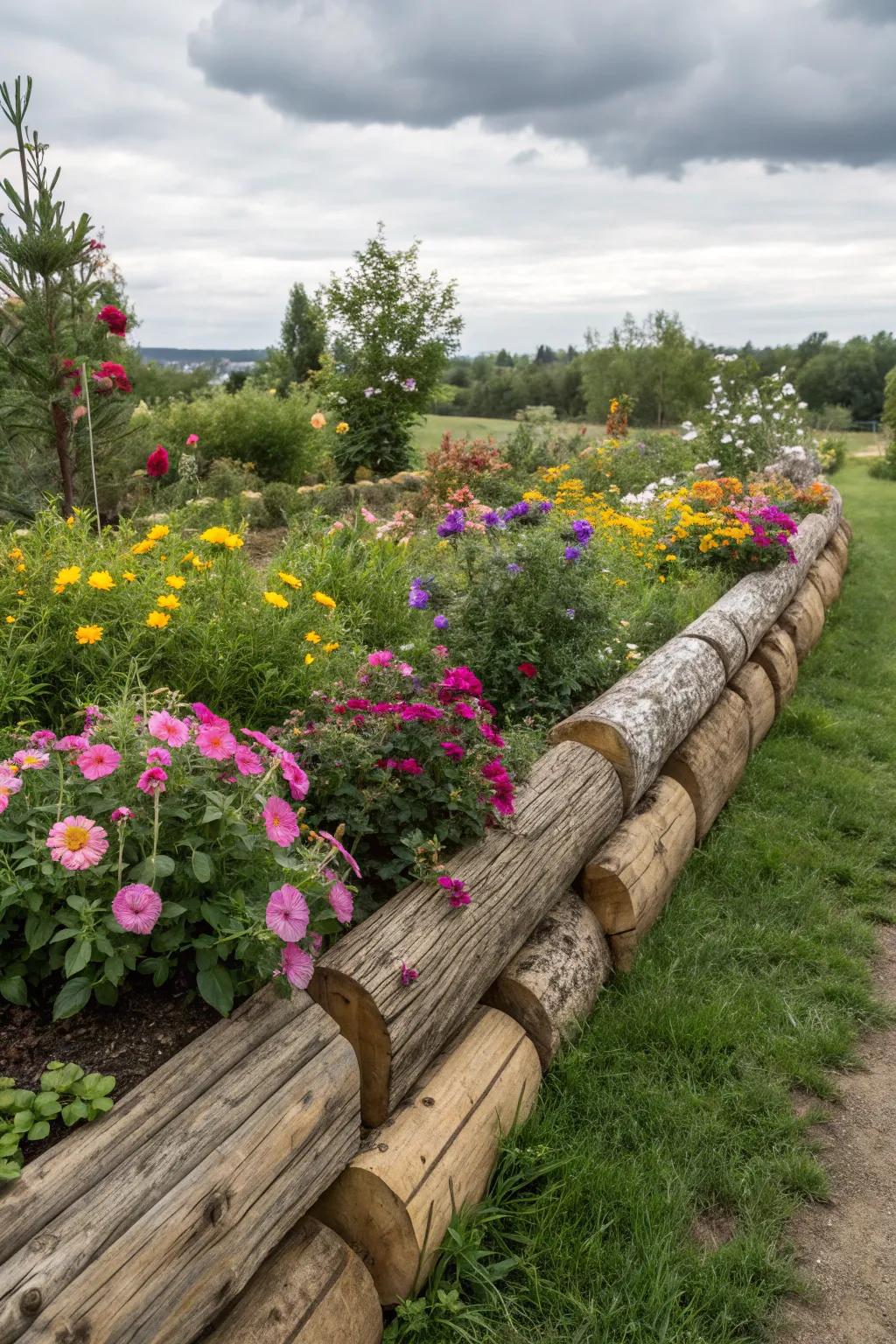 Wooden logs create a charming and rustic flower bed border.