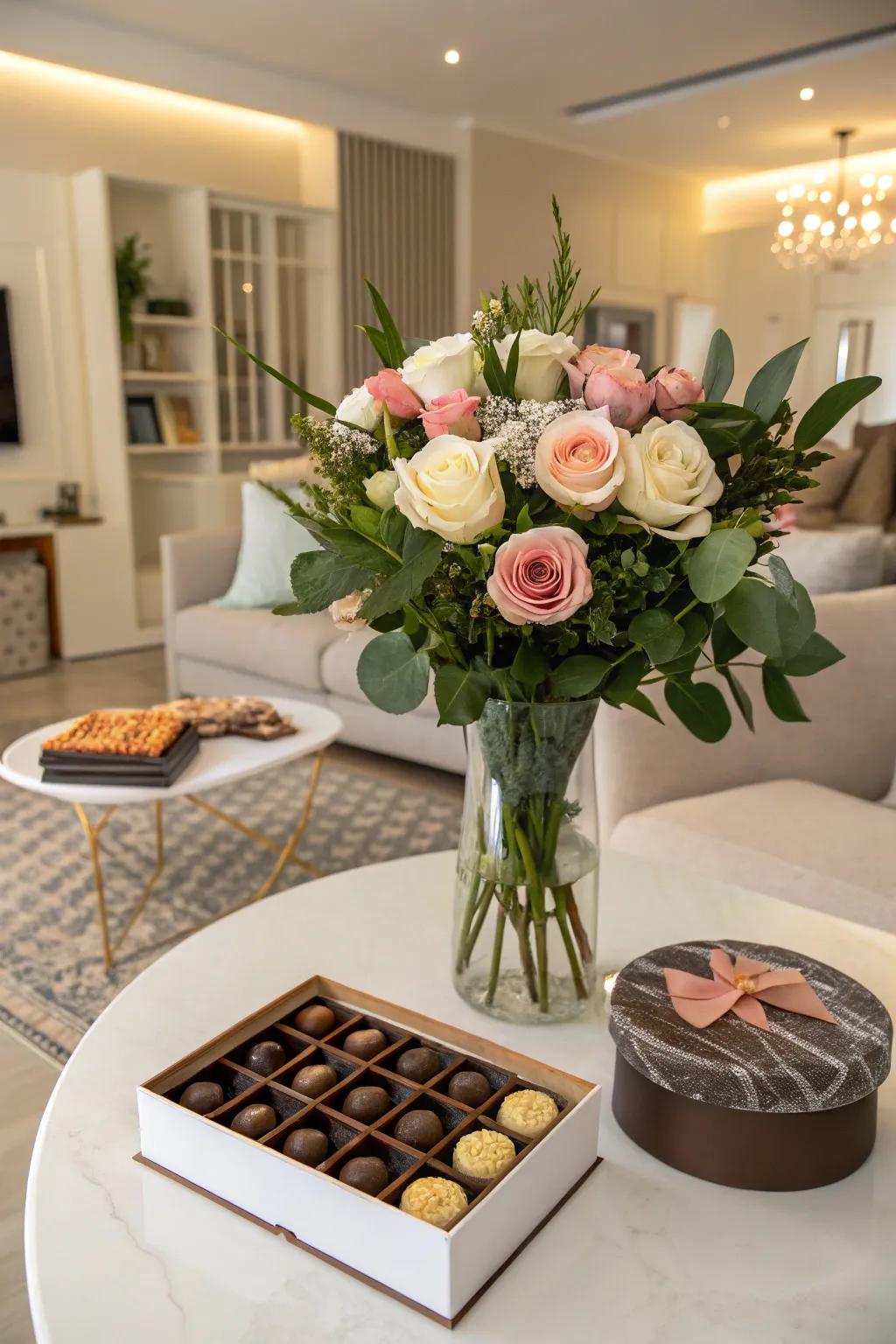 A delightful combination of flowers and chocolates for a birthday treat.