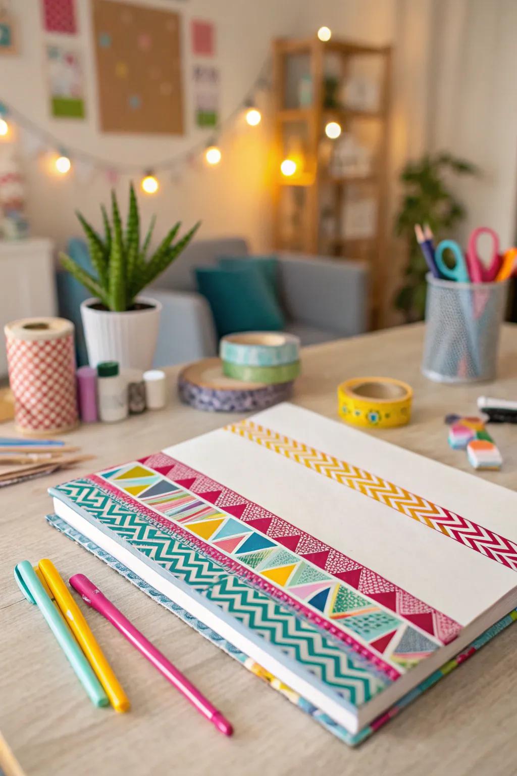 Transform plain folders with the playful touch of colorful washi tape.