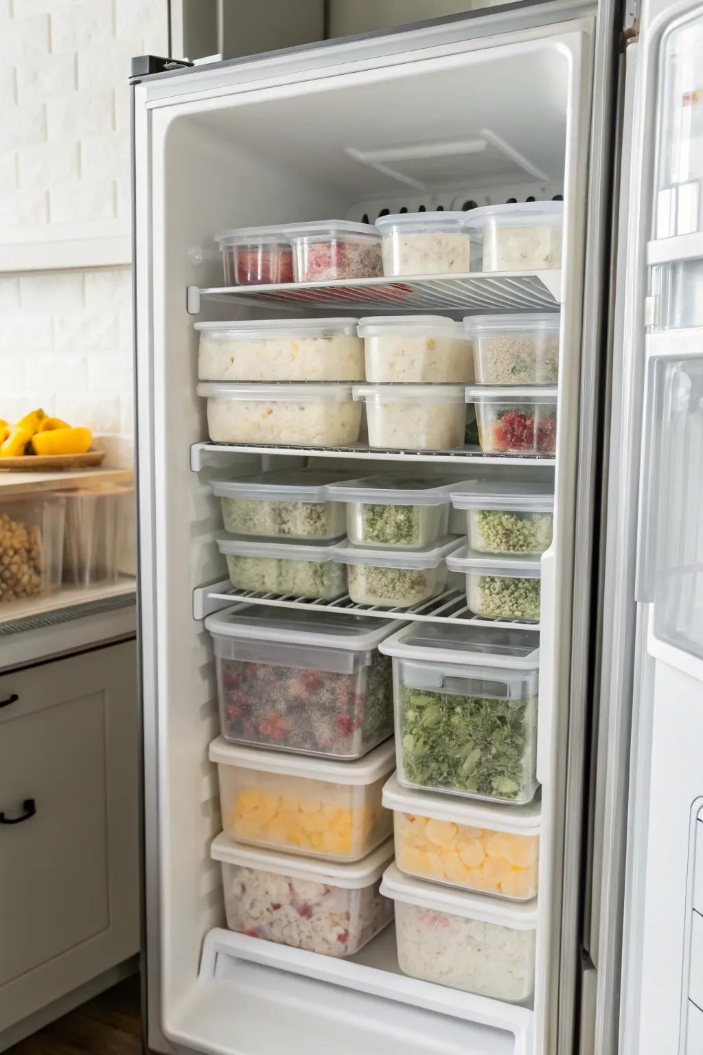 Clear containers offer both visibility and organization in a French door freezer.