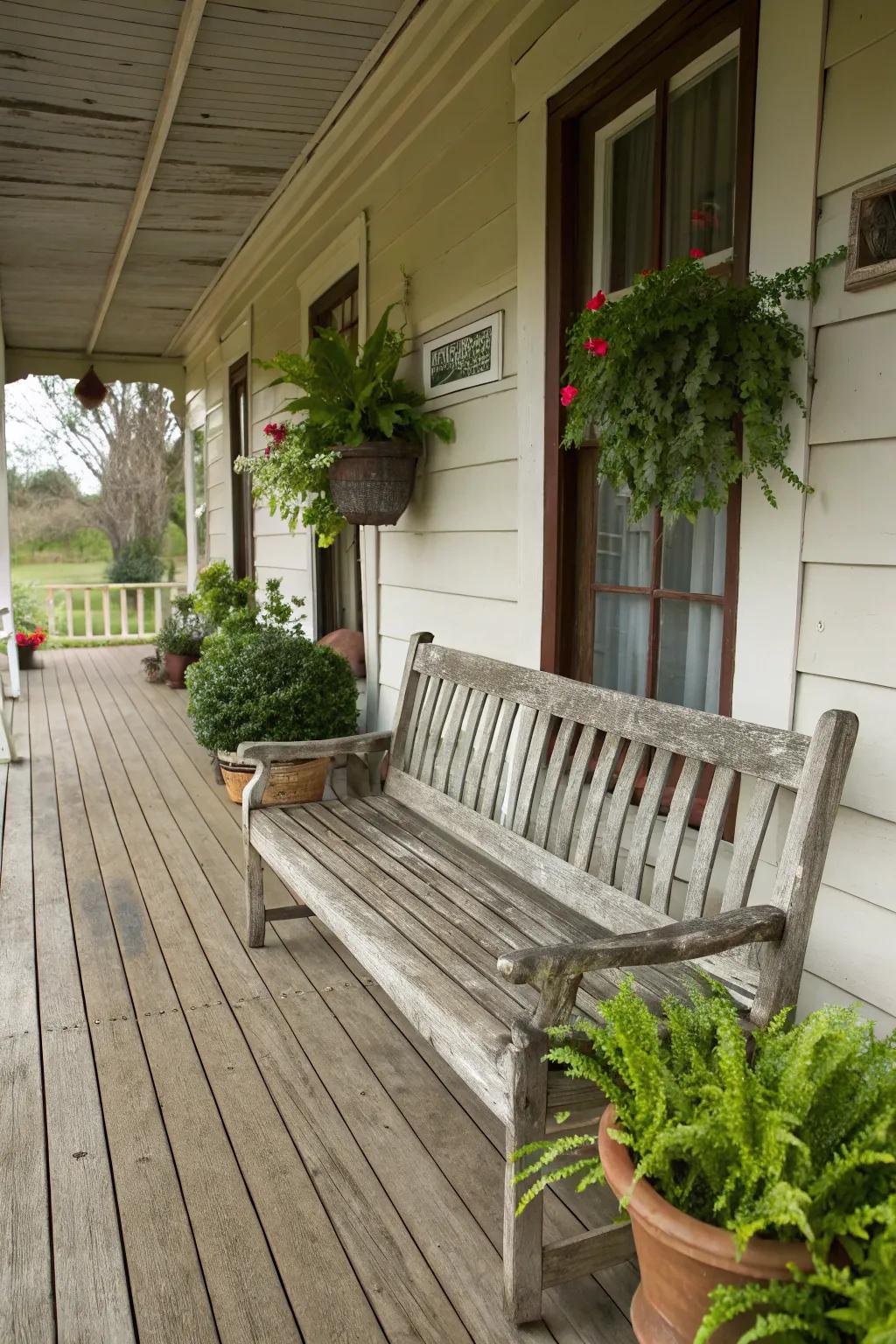 A classic wooden bench brings rustic elegance to this porch.