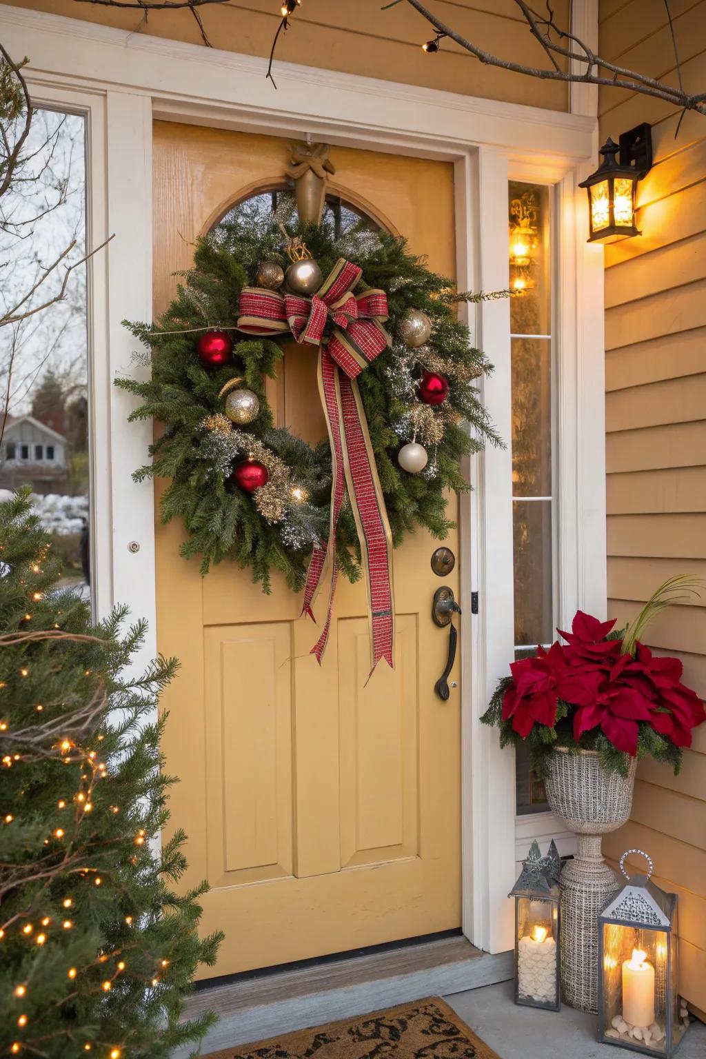 A classic Christmas wreath adds a warm welcome to any porch.