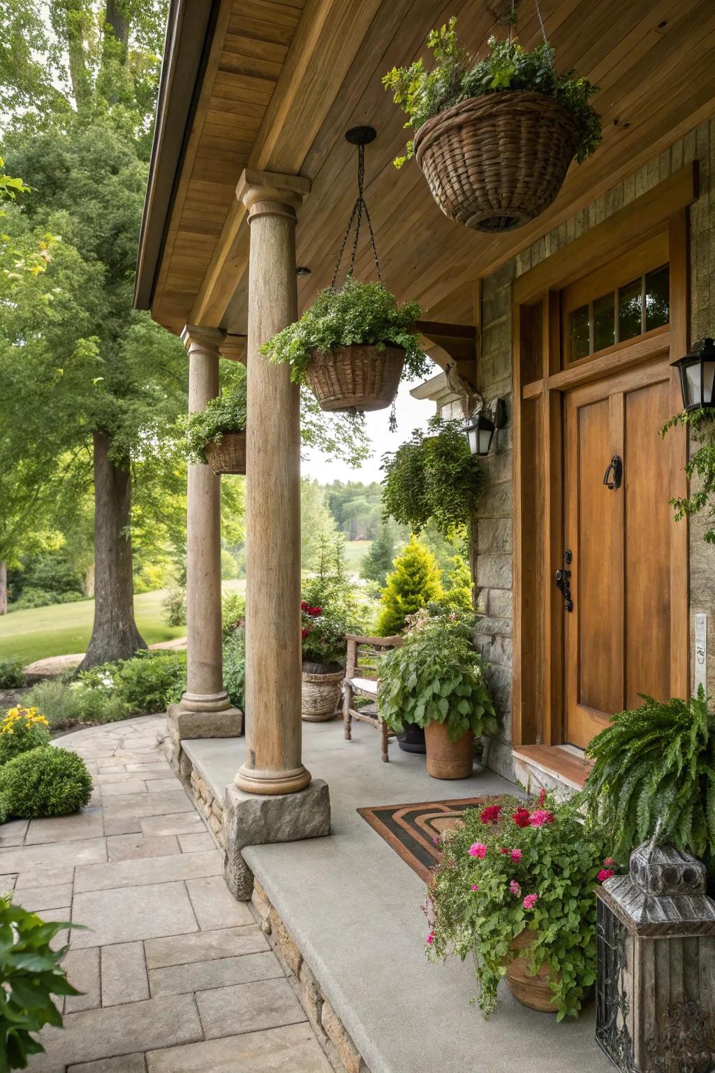 Natural wood columns add rustic charm and warmth to your front porch.