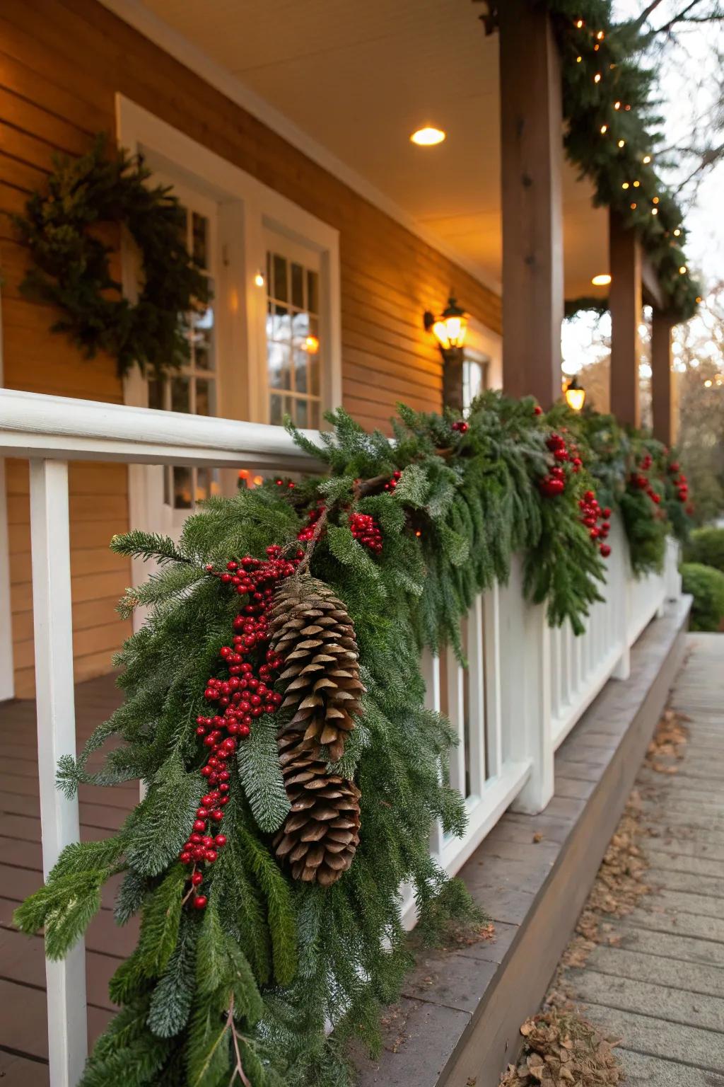 Classic evergreen garland brings timeless charm to your porch.