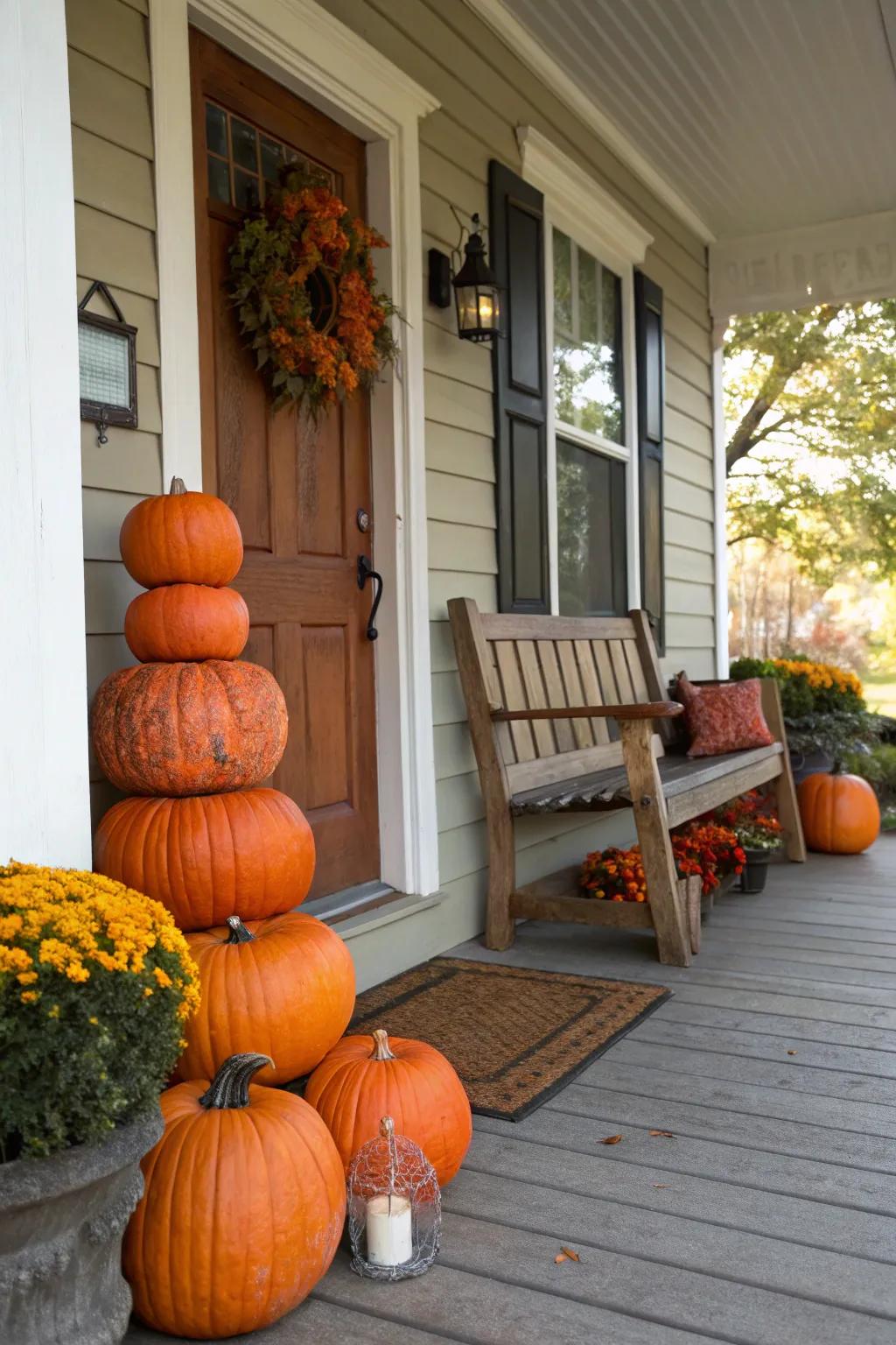 Pumpkin stacks add a vertical element to porch decor.