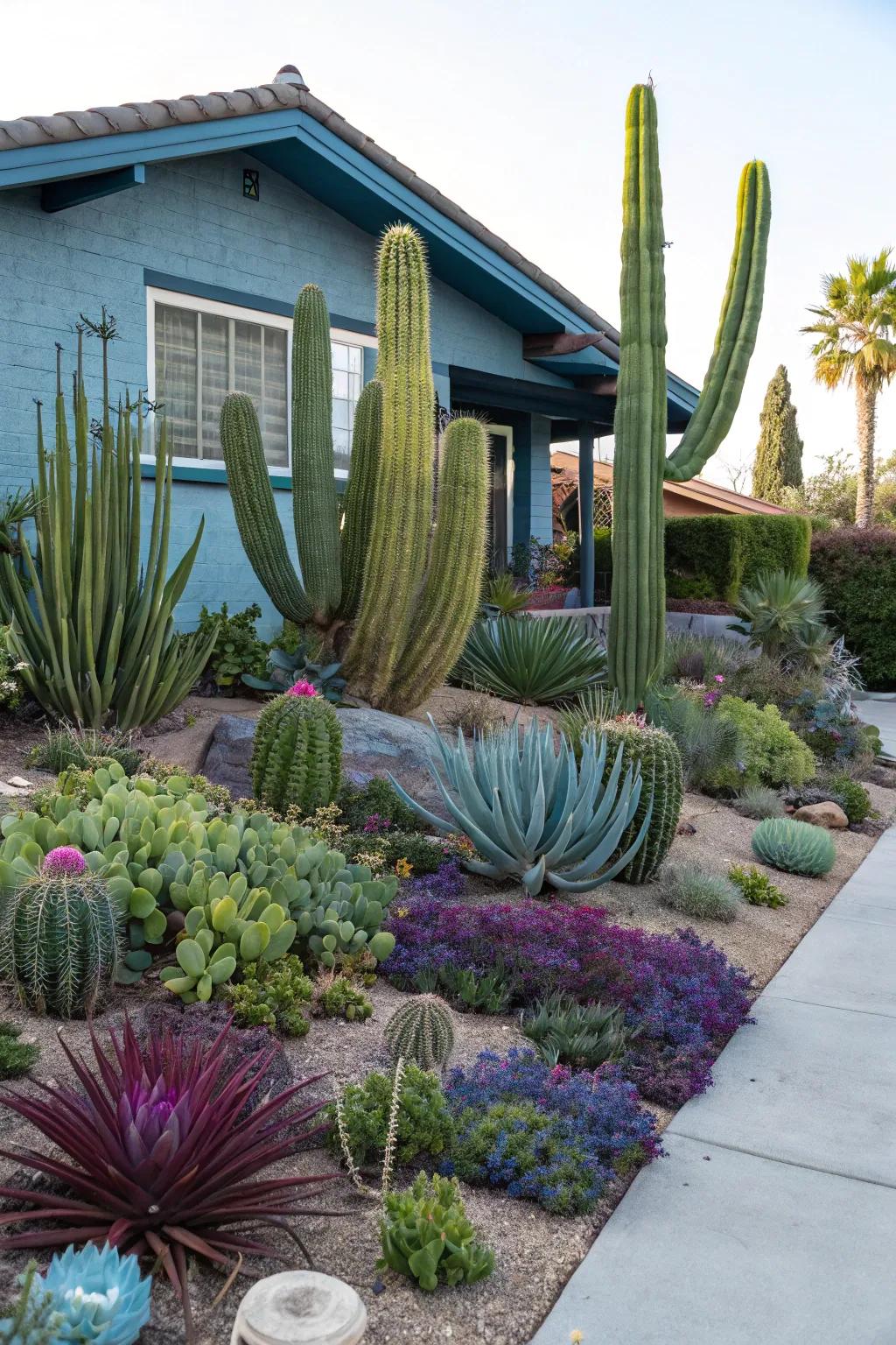 Cacti and succulents create striking visual interest and thrive in arid climates.