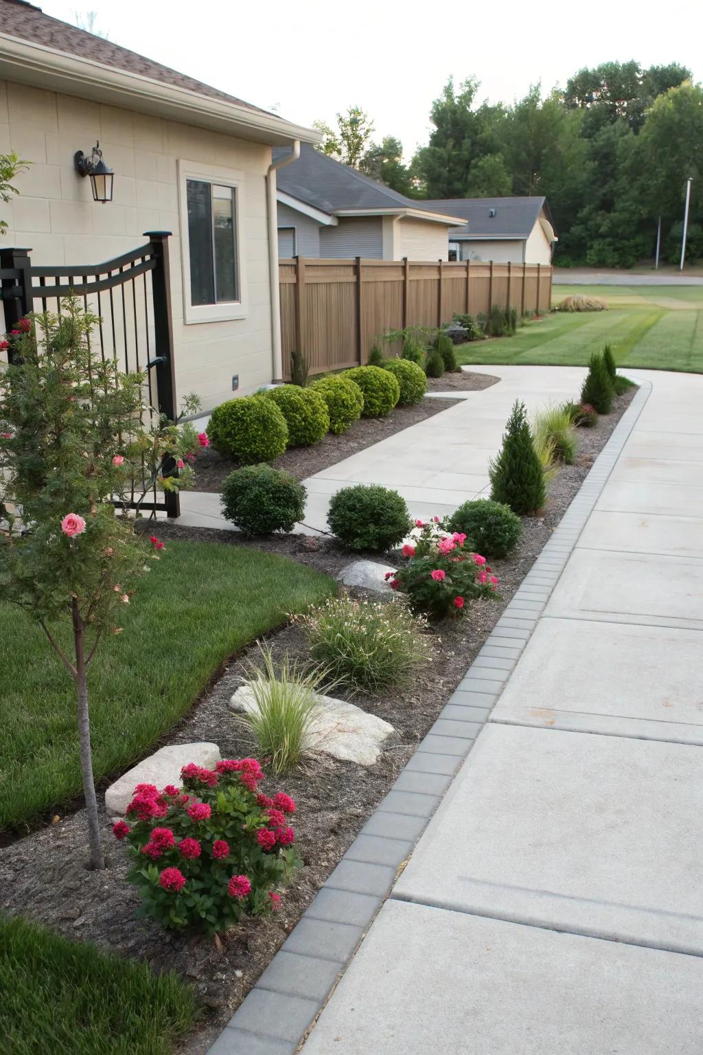 Minimalistic plant arrangements in a ranch-style front yard