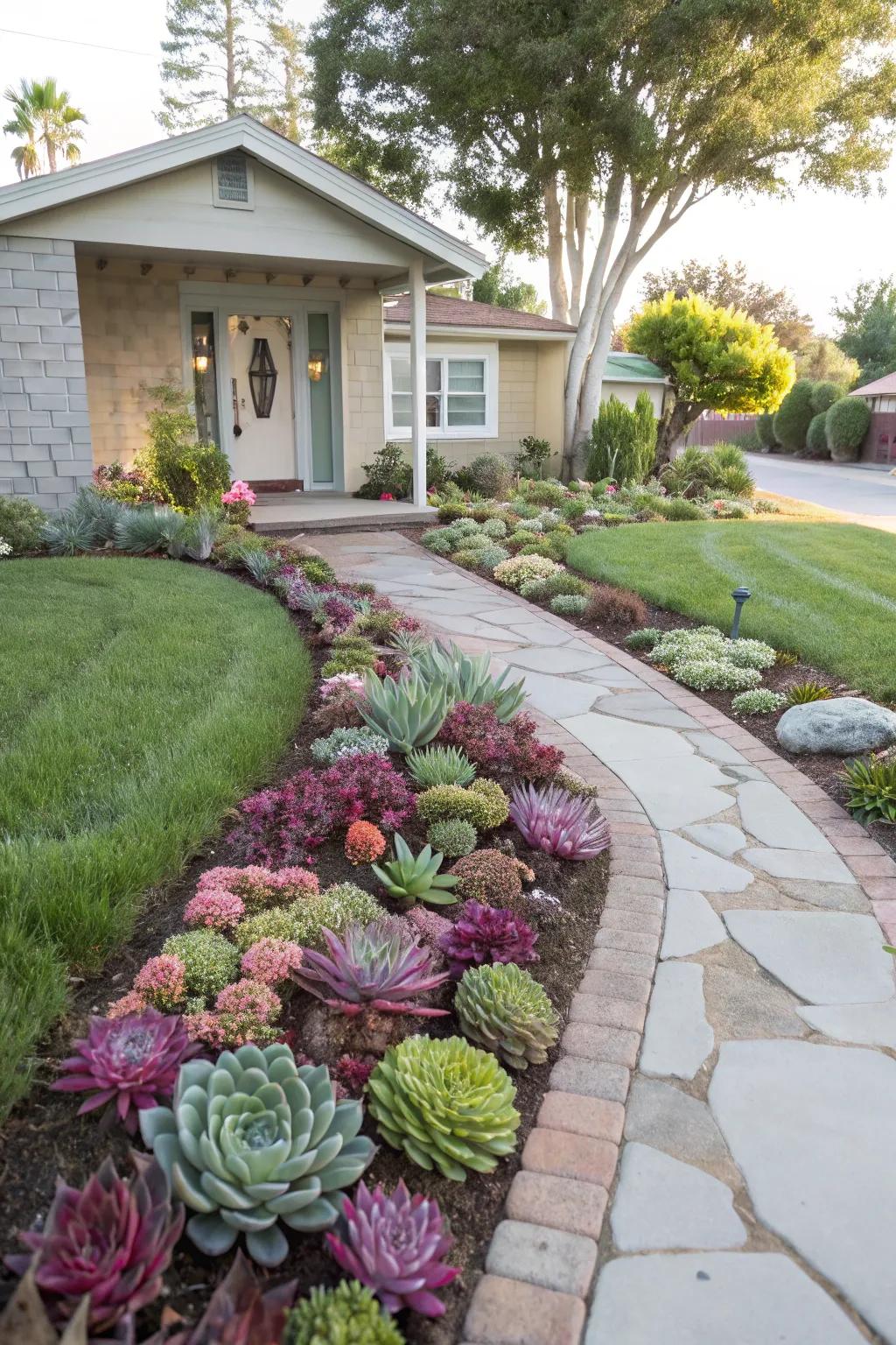 A pathway lined with succulents adds a welcoming touch.