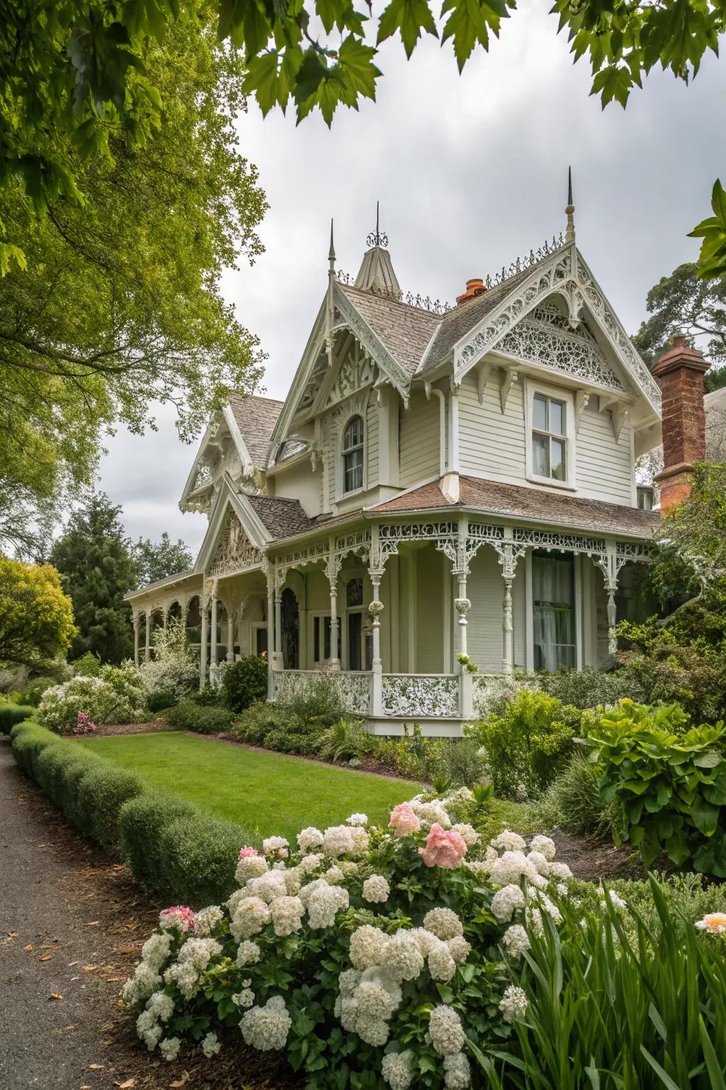 Victorian-style gable decorations add historical charm.