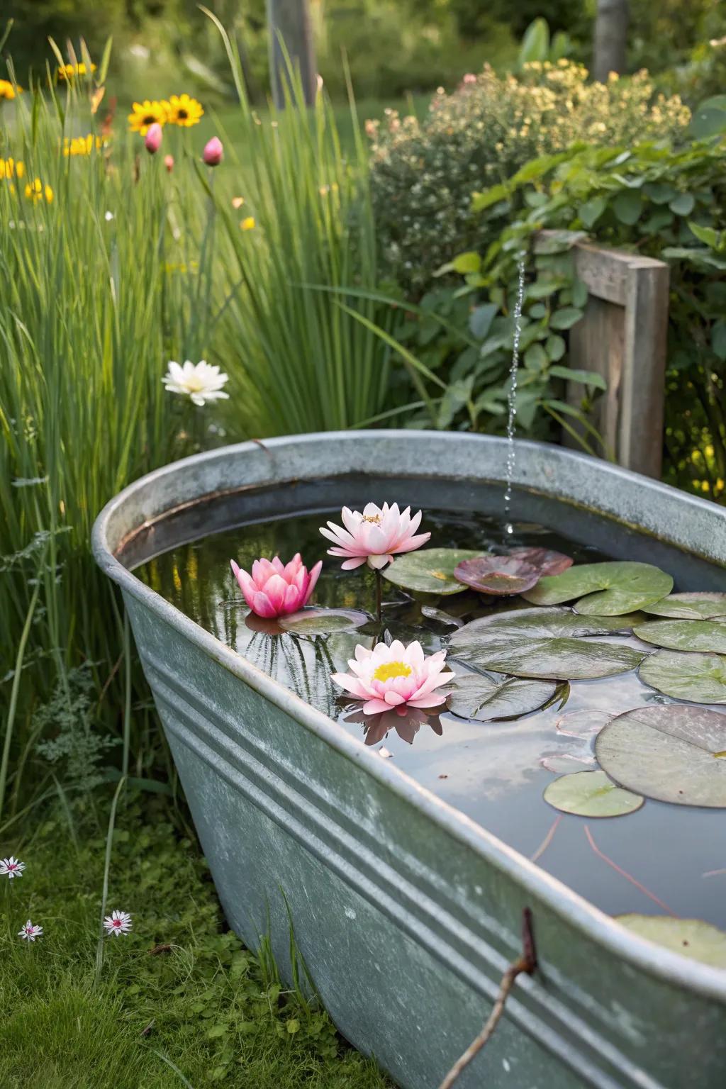 A stunning raised planter with aquatic plants in a galvanized trough.