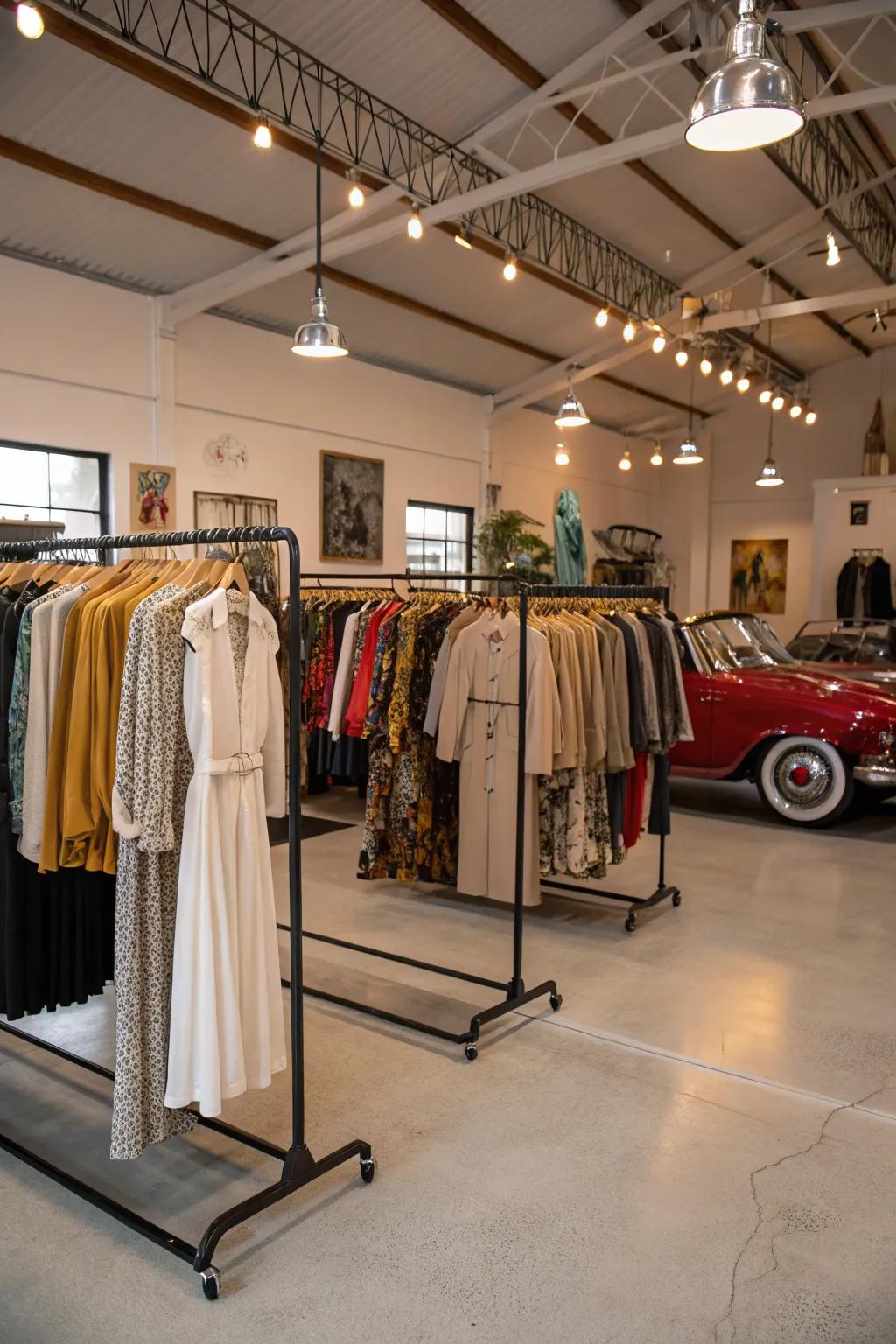 Elegant clothing displays on adjustable racks in a garage boutique.