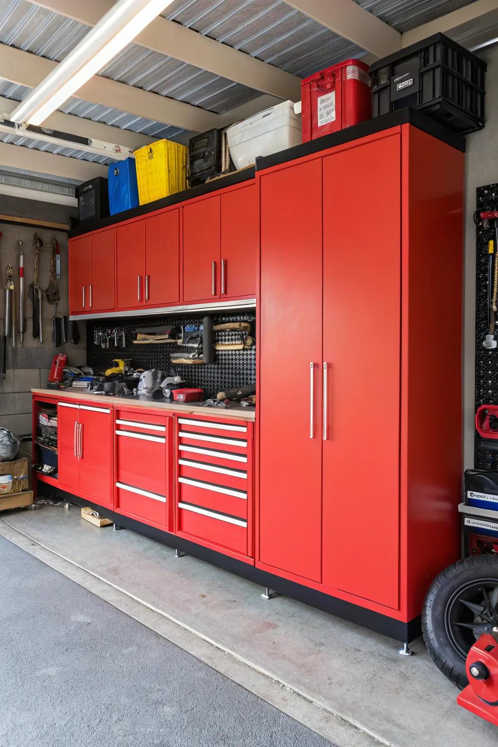Vibrant red cabinets make a bold statement in this dynamic garage.