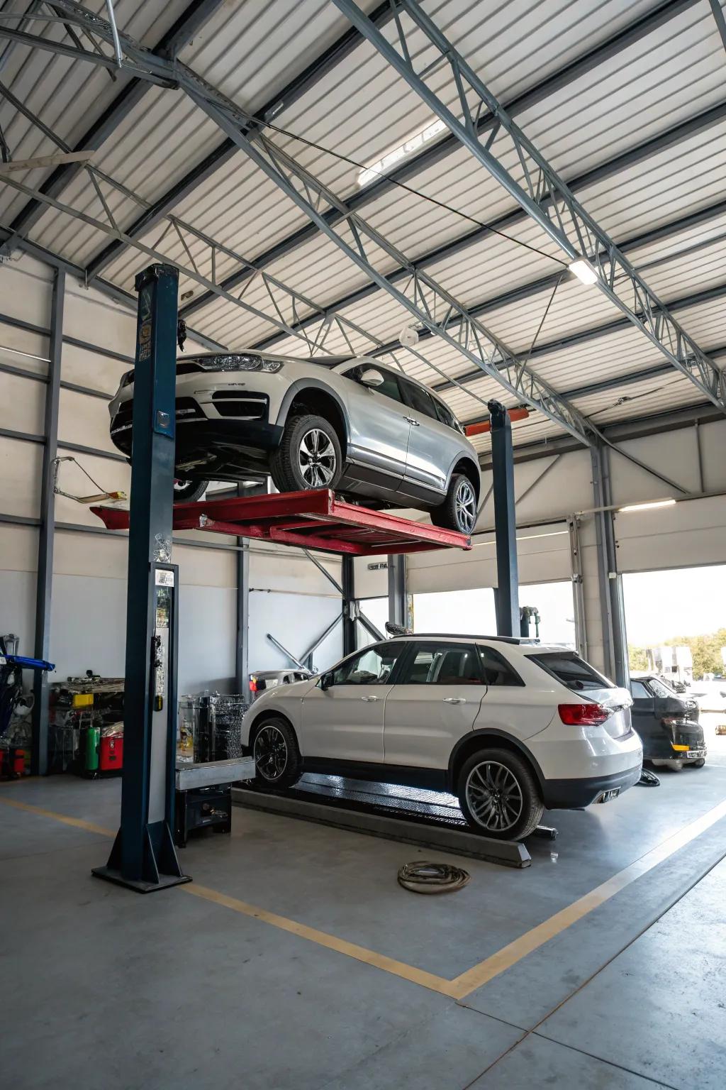 An innovative use of vertical space with a sophisticated car lift system.