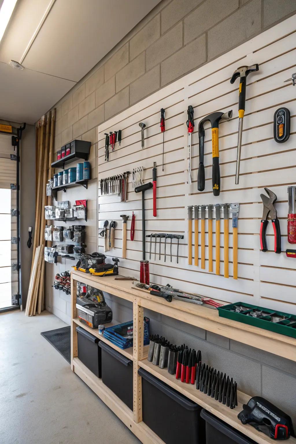 Organize your tools efficiently with slatwall storage.