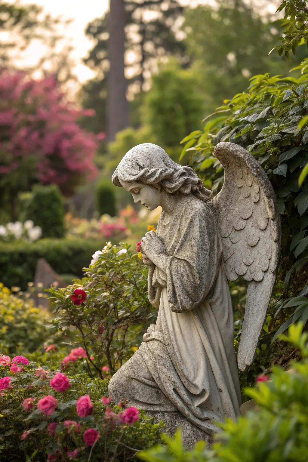 Timeless stone angel statue amidst a vibrant garden.