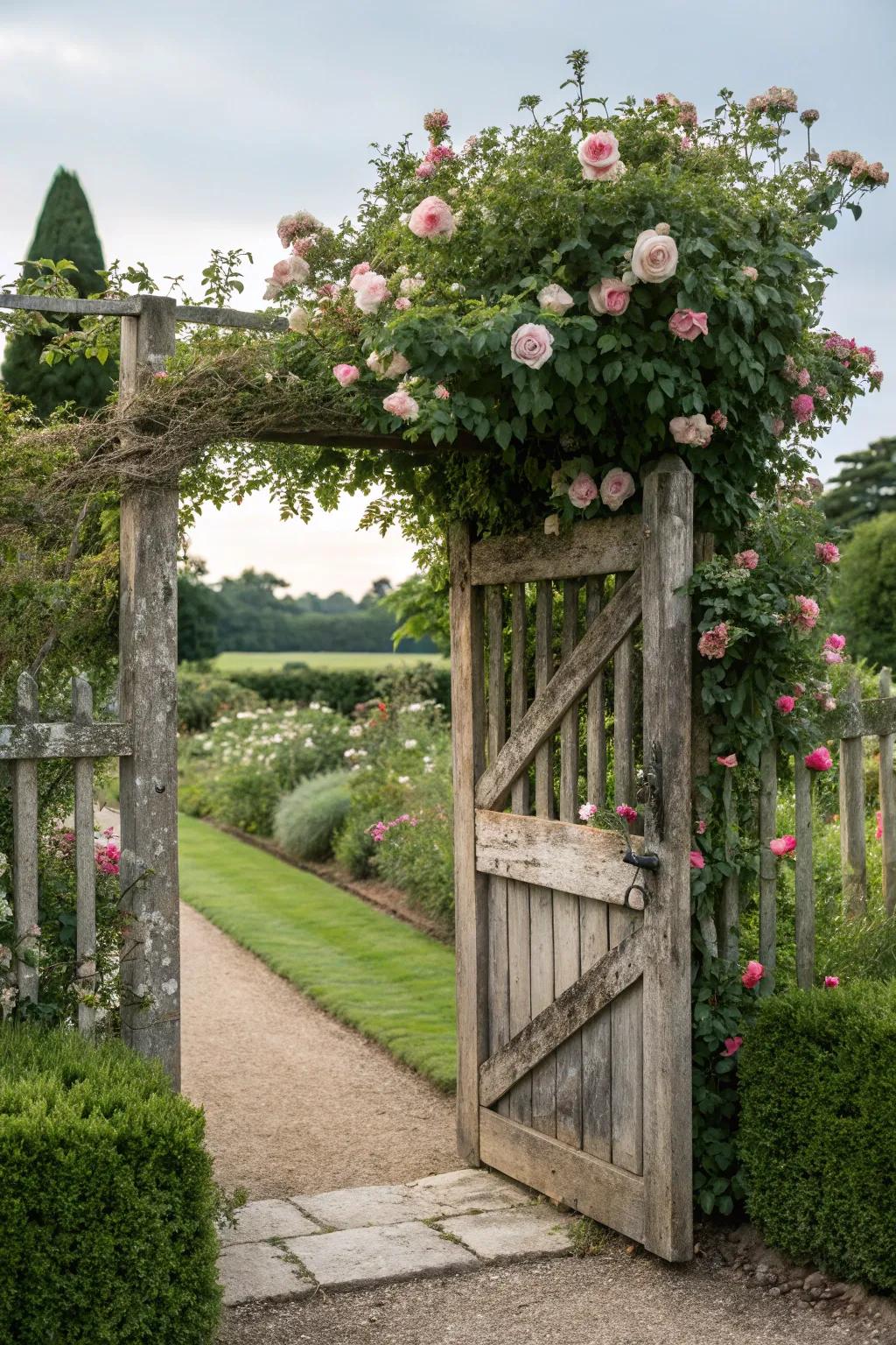 Rustic wooden gate with climbing roses creates a welcoming garden entrance.