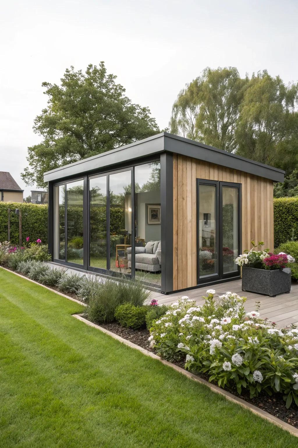 A chic garden pod with contemporary design, offering a stylish escape for work.