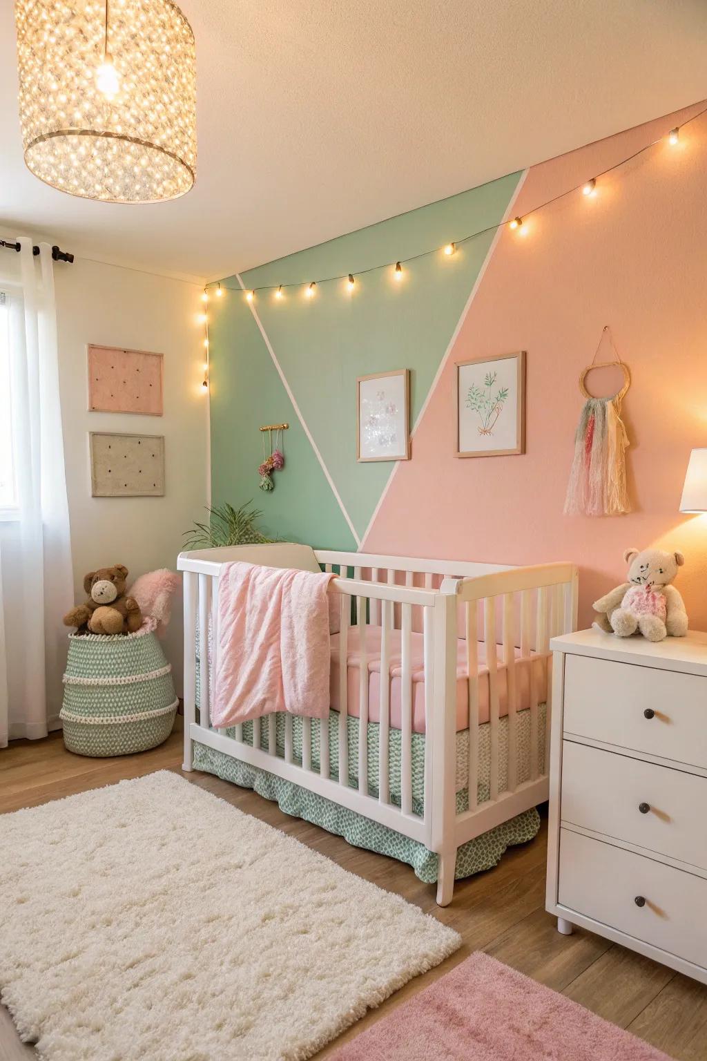 A nursery with a calming pastel color scheme.