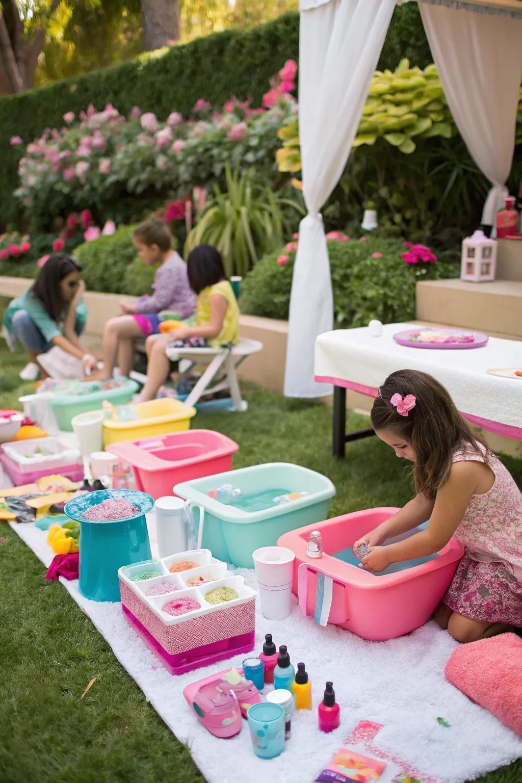 Relaxing spa stations ready for pampering at a girl's birthday party.