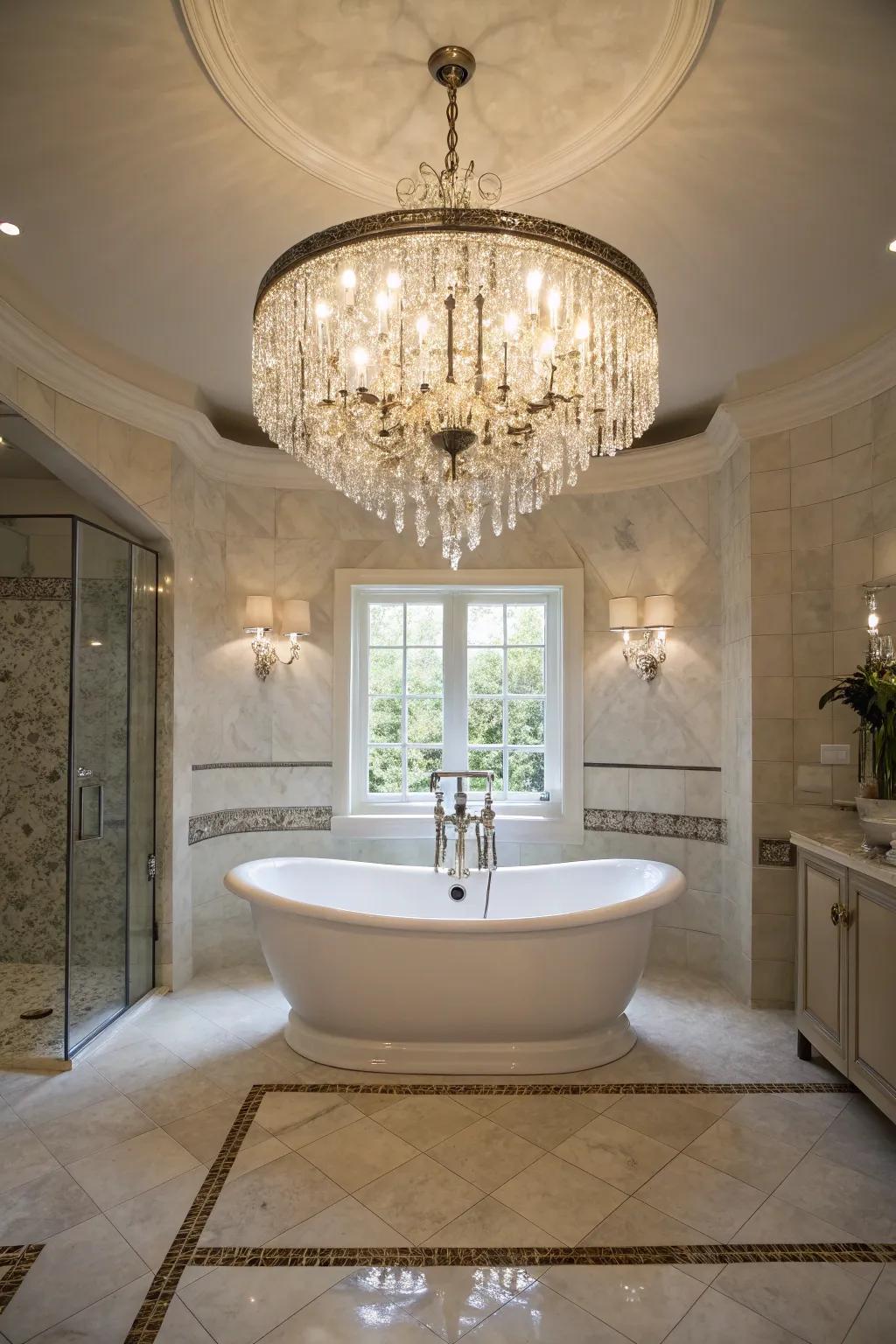 A glamorous bathroom featuring a crystal chandelier above a freestanding bathtub.