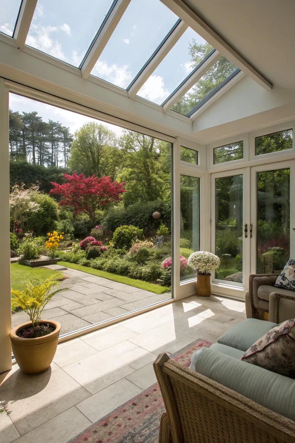 A bright and airy space with floor-to-ceiling glass panels.