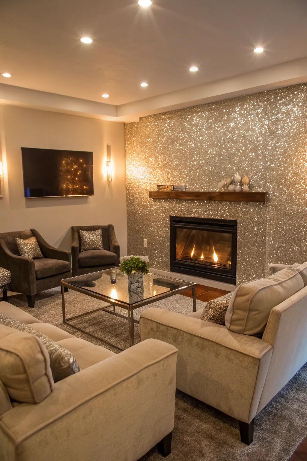 A glitter accent wall enhances the elegance of a living room.